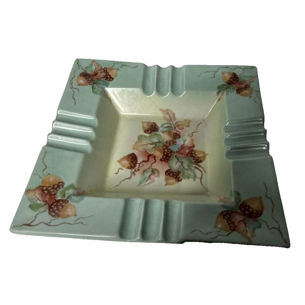 Vintage Ashtray With Acorns On A Vine  Square Porcelain/ Ceramic Green And Pink